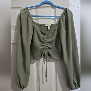 Olive Green Smocked Peasant Crop Top with Drawstring - Women